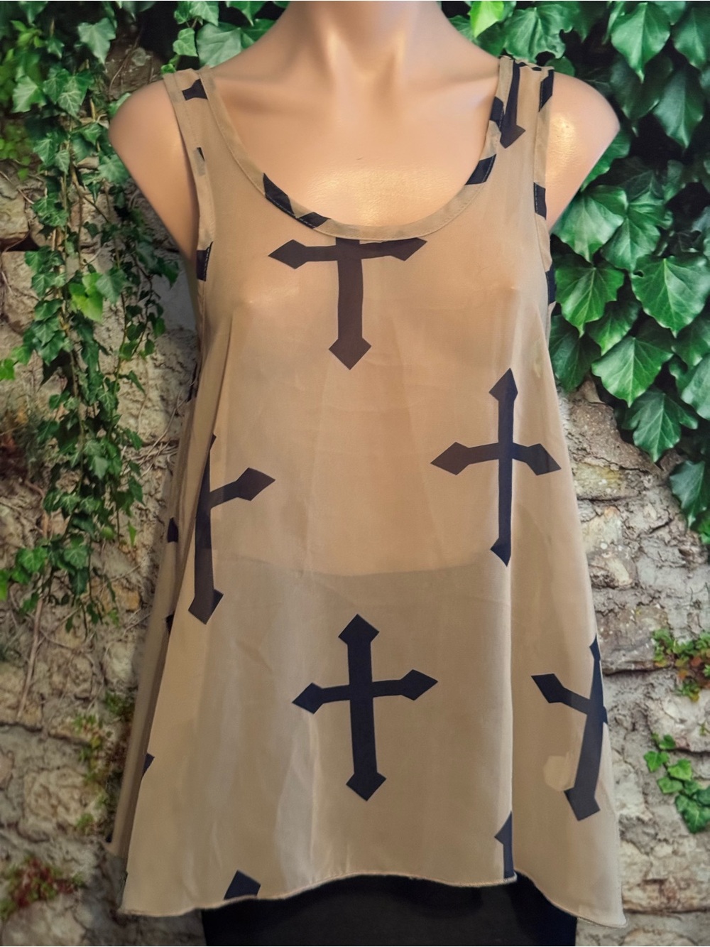 Gothic Cross Sheer Beige & Black Racer Back Flowy Tank